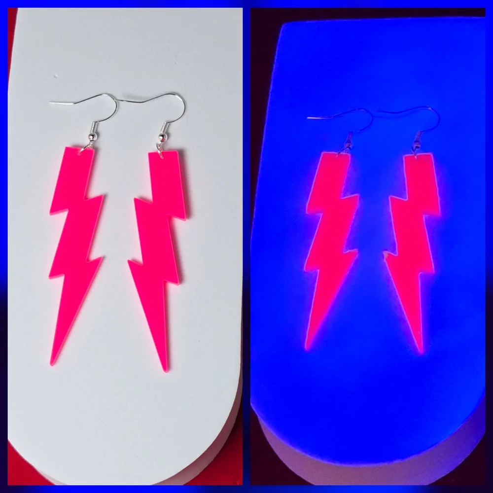 Neon Glow Rave Earrings Party Festival Dangle Lightning Bolt Blacklight 80s NWT